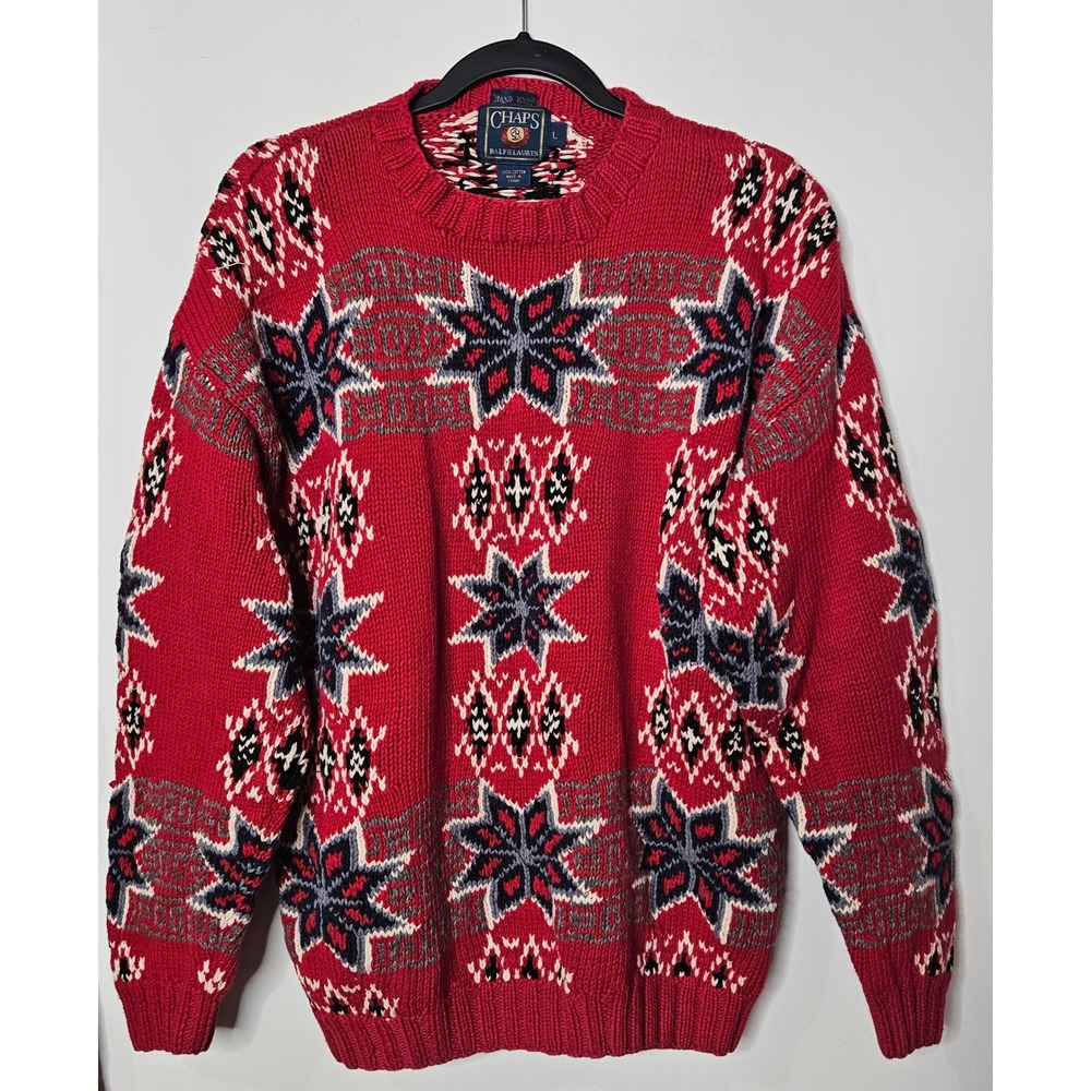 Chaps Ralph Lauren Vintage Hand Knit Sweater Mens‎ L Red Fair Isle Nordic Cotton